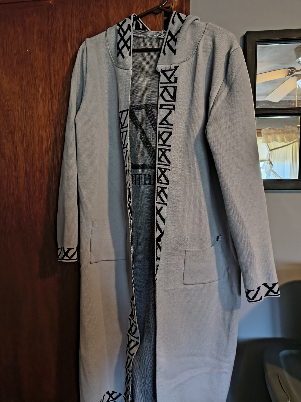Light Gray Hooded Long Coat with Black Trim - Women's Jacket